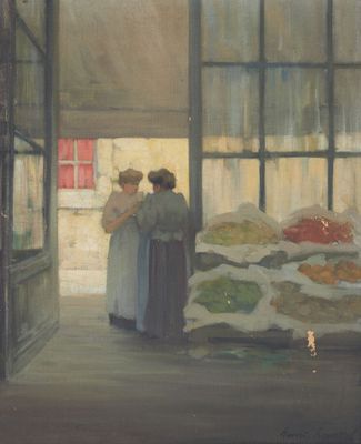 un tableau représentant deux femmes debout devant une fenêtre