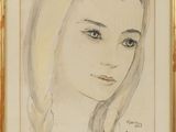 drawing of a woman with long hair and blue eyes in a gold frame