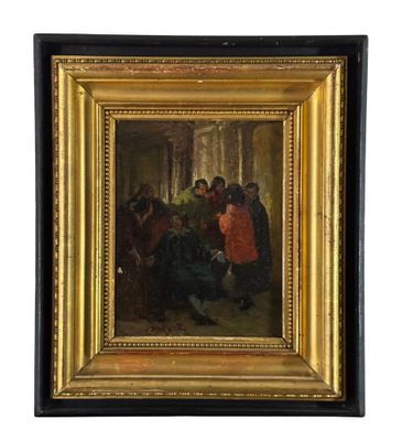 une peinture à l'huile représentant un groupe de personnes assises autour d'une table