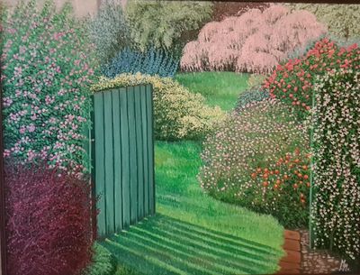 un tableau représentant un jardin avec un portail et des fleurs