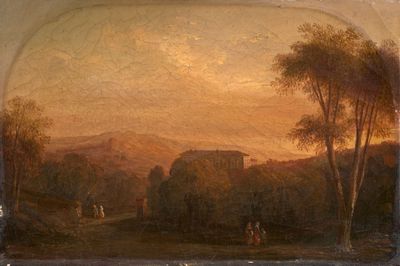 une image représentant un tableau de paysage dans lequel figurent des personnes et des animaux