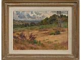 a painting of a field with trees and bushes in the background
