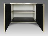 a close up of a black and white cabinet with shelves