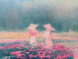 tableau représentant deux femmes dans un champ de fleurs, avec des parapluies