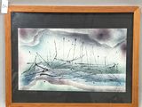 tableau encadré représentant un bateau sur l'eau