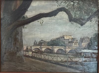 une peinture représentant une peinture d'un pont enjambant une rivière