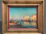 a painting of boats in a harbor with buildings in the background
