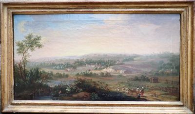 une peinture à l'huile représentant un paysage avec une vue sur une ville