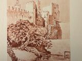 drawing of a castle in a landscape with trees and a river