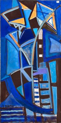 painting of a blue and black abstract painting on a white wall