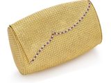 the gold clutch bag is made from woven fabric and has a beaded handle