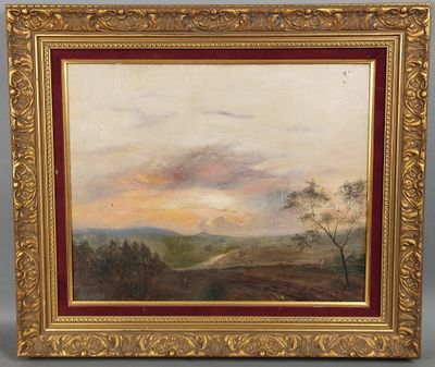 un tableau représentant un paysage avec des arbres et des collines au loin