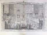 an old book with a drawing of a large audience in a large room