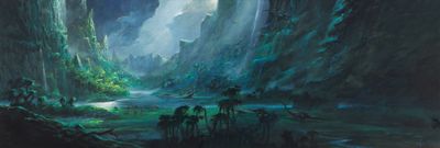 an image of a painting of a waterfall in the middle of a forest