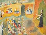 an image of a painting of a woman in a black dress standing in front of a crowd of people