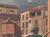a painting on the wall of a building with a boat in the water