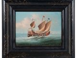 an oil painting of a boat in the ocean with a flag on it