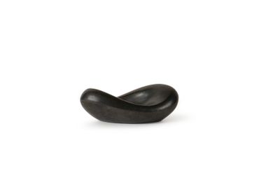un objet noir posé sur une surface blanche, avec un fond blanc