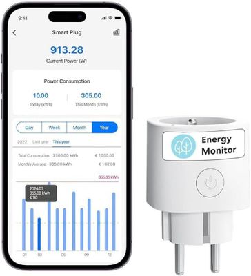 La prise connectée est reliée à un iPhone et à un chargeur