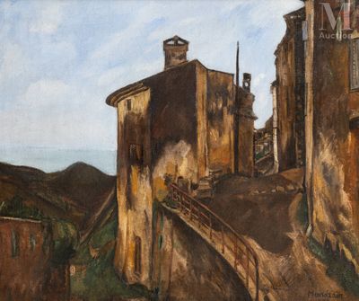 painting of an old building with a bridge going over it