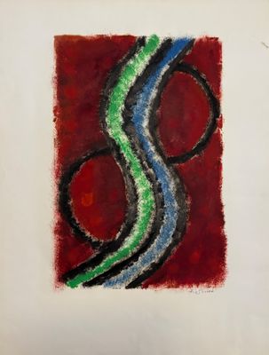 une peinture représentant une œuvre abstraite rouge et verte sur fond blanc