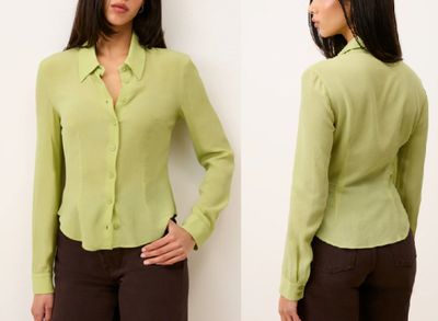 two pictures of a woman wearing a green shirt and brown pants