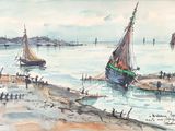 a painting of a boat on the water with other boats in the background