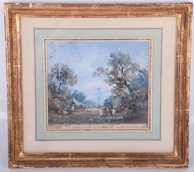 une peinture représentant un paysage avec des arbres et des personnages au loin