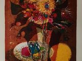 a picture of a painting of flowers in a vase on a table