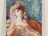 une peinture à l'huile représentant une femme assise sur un canapé