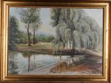 a painting of a river with trees in the background