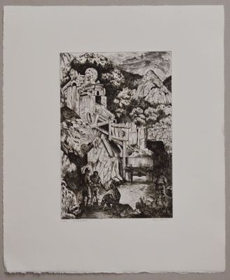 un dessin en noir et blanc représentant un paysage de montagne avec un homme à cheval