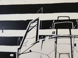 un dessin en noir et blanc représentant un bateau devant un drapeau américain