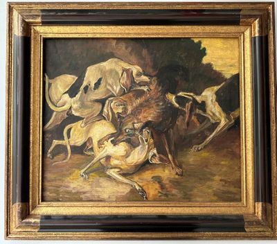 une peinture à l'huile représentant un chien poursuivant un groupe de chiens