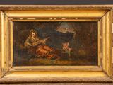 un vieux tableau représentant une femme jouant de la guitare sur une table