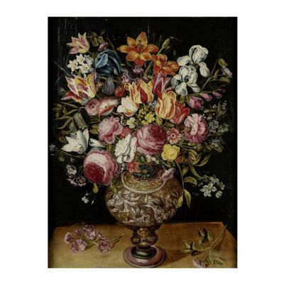 une peinture de fleurs dans un vase sur une table