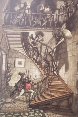 une photo d'un tableau représentant un homme dans un escalier