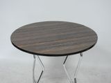 an image of a wooden table with chrome legs on a white background