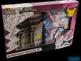 une boîte de cartes Pokémon exposée sur un fond noir
