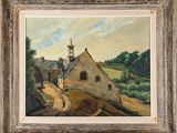 une peinture à l'huile représentant une maison sur une colline, avec une église en arrière-plan