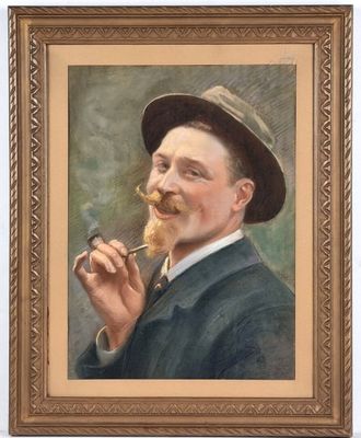 painting of a man with a pipe and hat smoking a pipe
