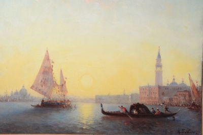 un tableau représentant un bateau sur l'eau, avec une ville en arrière-plan