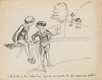 un vieux dessin représentant deux garçons assis sur un banc en train de discuter