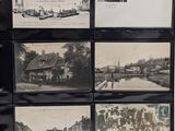 many pictures of people standing in front of a black and white photo