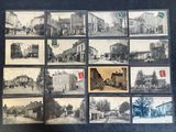 several old black and white photographs of a town with buildings
