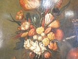 a painting of flowers and fruit in a vase on a table