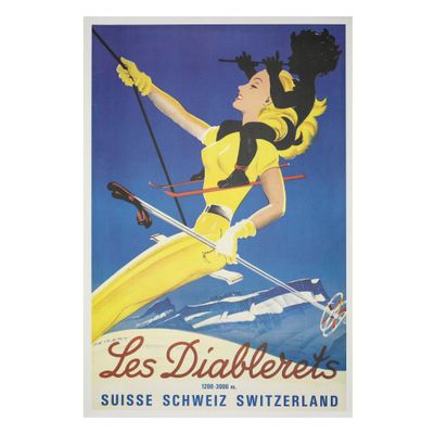 affiche représentant une femme en train de skier dans la neige, des bâtons de ski à la main