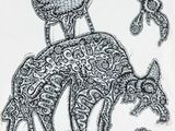 embroidery design of an elephant and a bird on top of a table