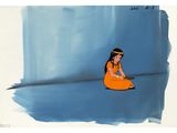 painting of a woman sitting on the ground in an orange dress