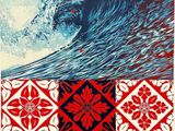 a painting of a wave in the middle of a red and white pattern
